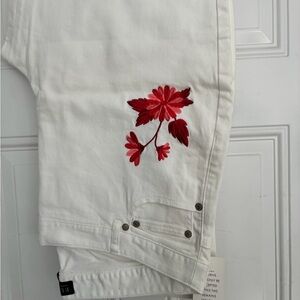 White women Jeans with Red Floral Embroidery